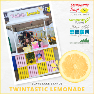 A photograph of kids by a lemonade stand, with a picture of a lemon on the bottom right