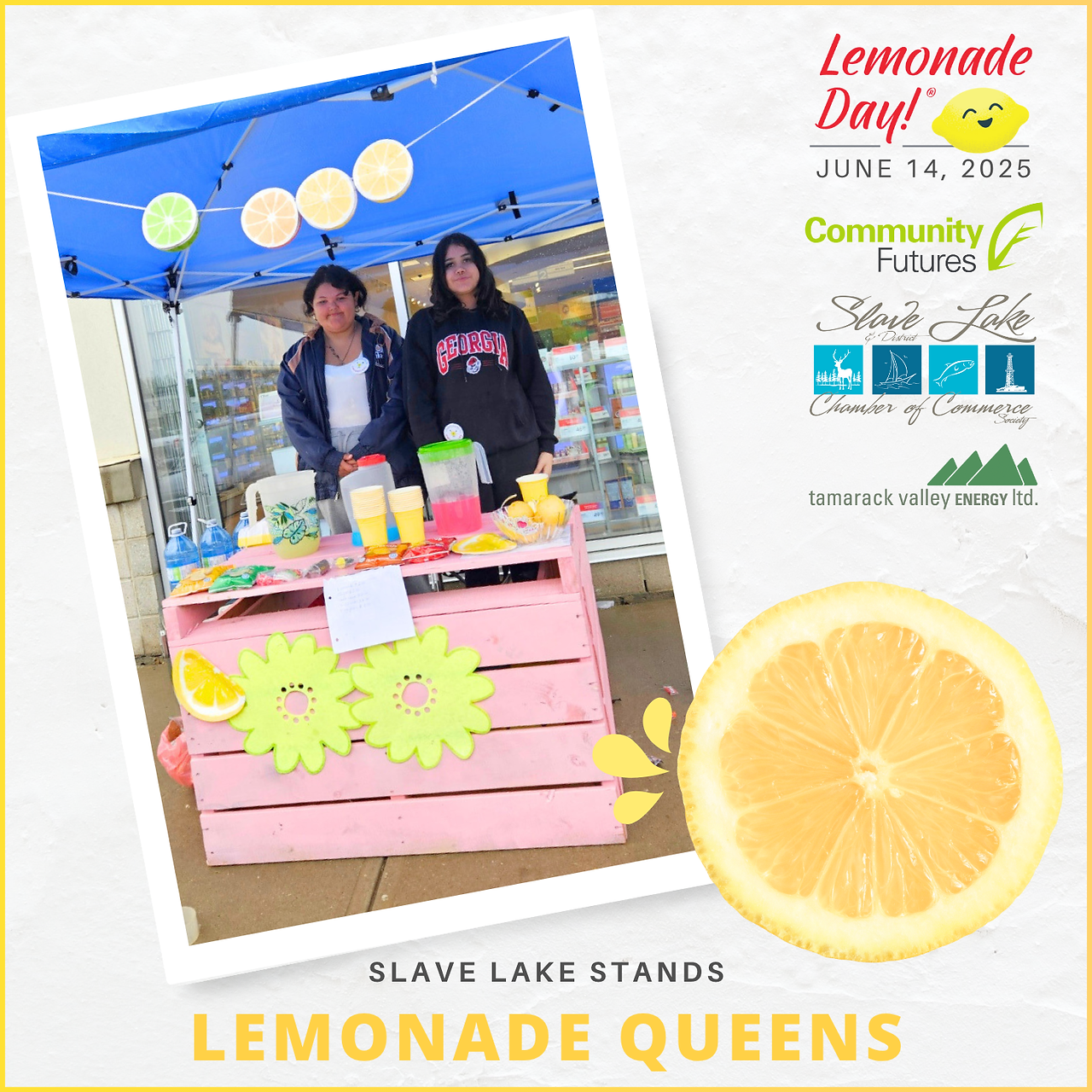 A photograph of kids by a lemonade stand, with a picture of a lemon on the bottom right