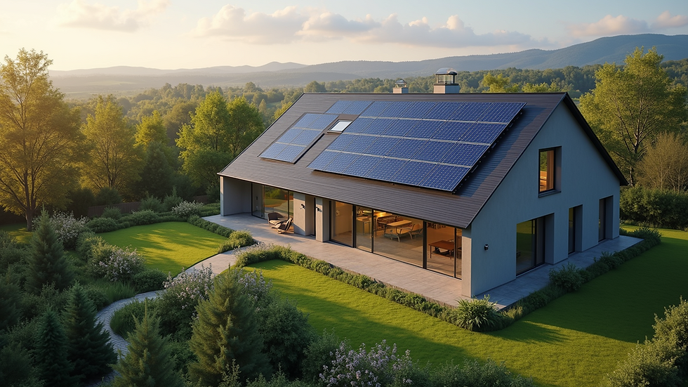 High angle view of a modern smart home with solar panels
