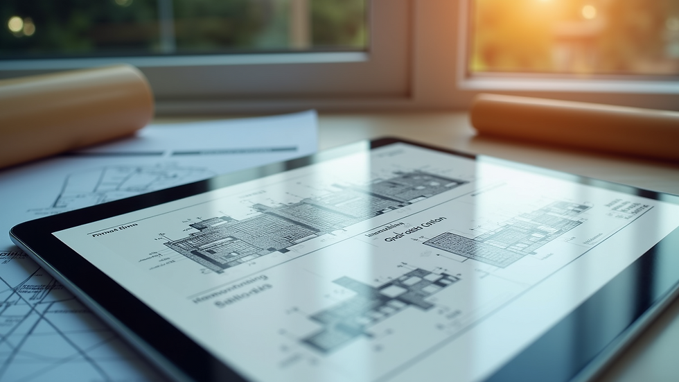 Close-up view of digital tablet showing building plans on construction site