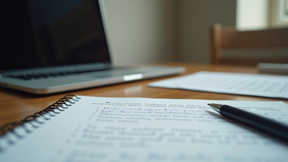 Eye-level view of a desk with editing notes and a laptop
