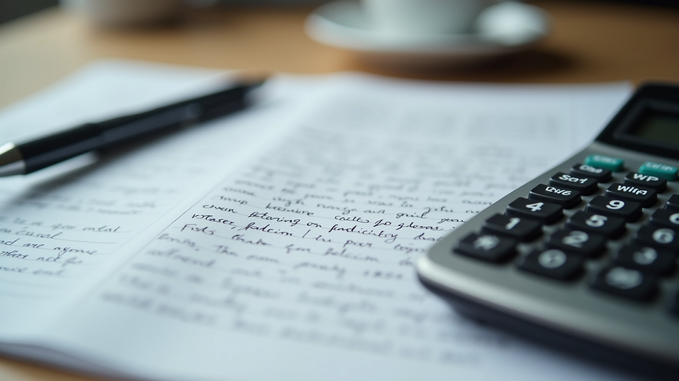Close-up view of a calculator and manuscript pages