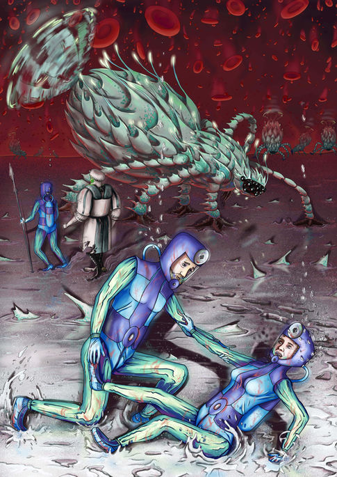 Tiny historical characters, in diving gear, exploring  the human heart with a nanite in the background.