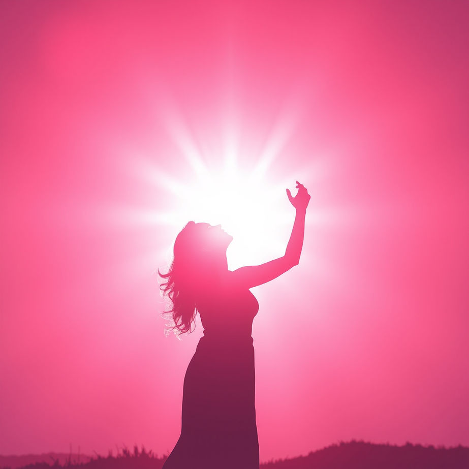 A beautiful light pink abstract silhouette of a woman praising God and with a glow.jpg