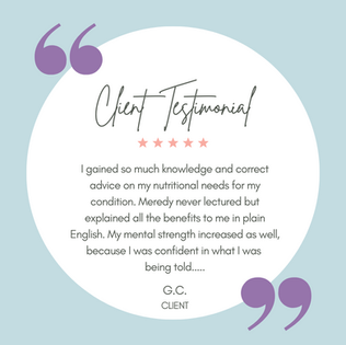 Client testimonial for cancer nutrition support with Meredy, highlighting increased confidence and personalised advice for nutritional needs.