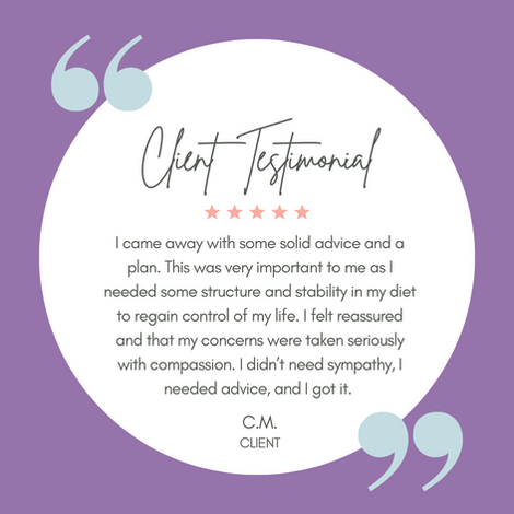 Colon cancer nutrition testimonial from a client of Meredy Birdi, The Cancer Dietitian