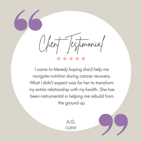 Client testimonial describing how personalised cancer nutrition support transformed her relationship with her health during cancer recovery.