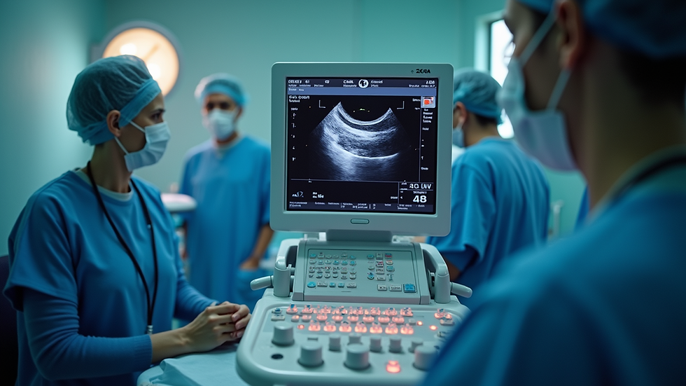 Eye-level view of a cardiac ultrasound machine in a clinical setting