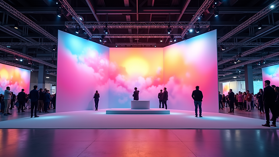 Eye-level view of a large custom event backdrop with vibrant branding at a trade show booth