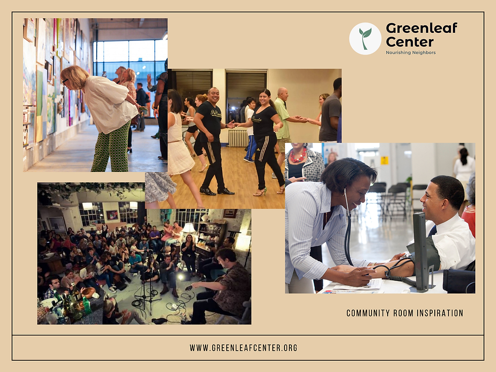 Collage of community activities such as dance class, music performance, health screening, art show.