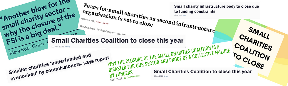 A mix of headlines about small charities closing