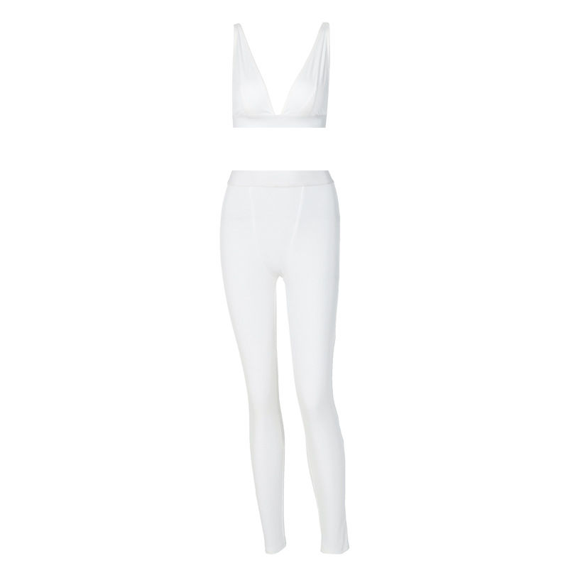 Thumbnail: V-Neck Tank Stretchy Leggings Ribbed Bra Two Piece Set Solid Streetwear Outfit