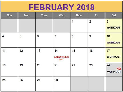 February Schedule: Saturday Workouts: February 3, 10, 17 at 10 am, Memorial Park; Feb 24: No workout