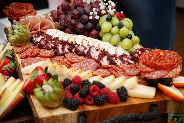Wide angle view of assorted charcuterie board