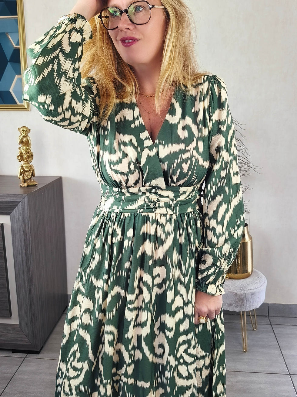 Robe longue écru et kaki, femme grande taille