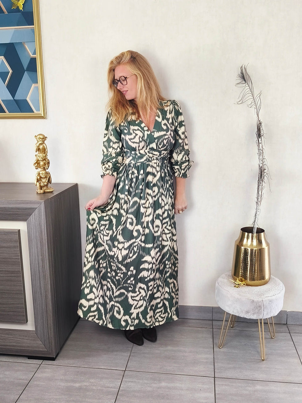 Robe longue écru et kaki, femme grande taille