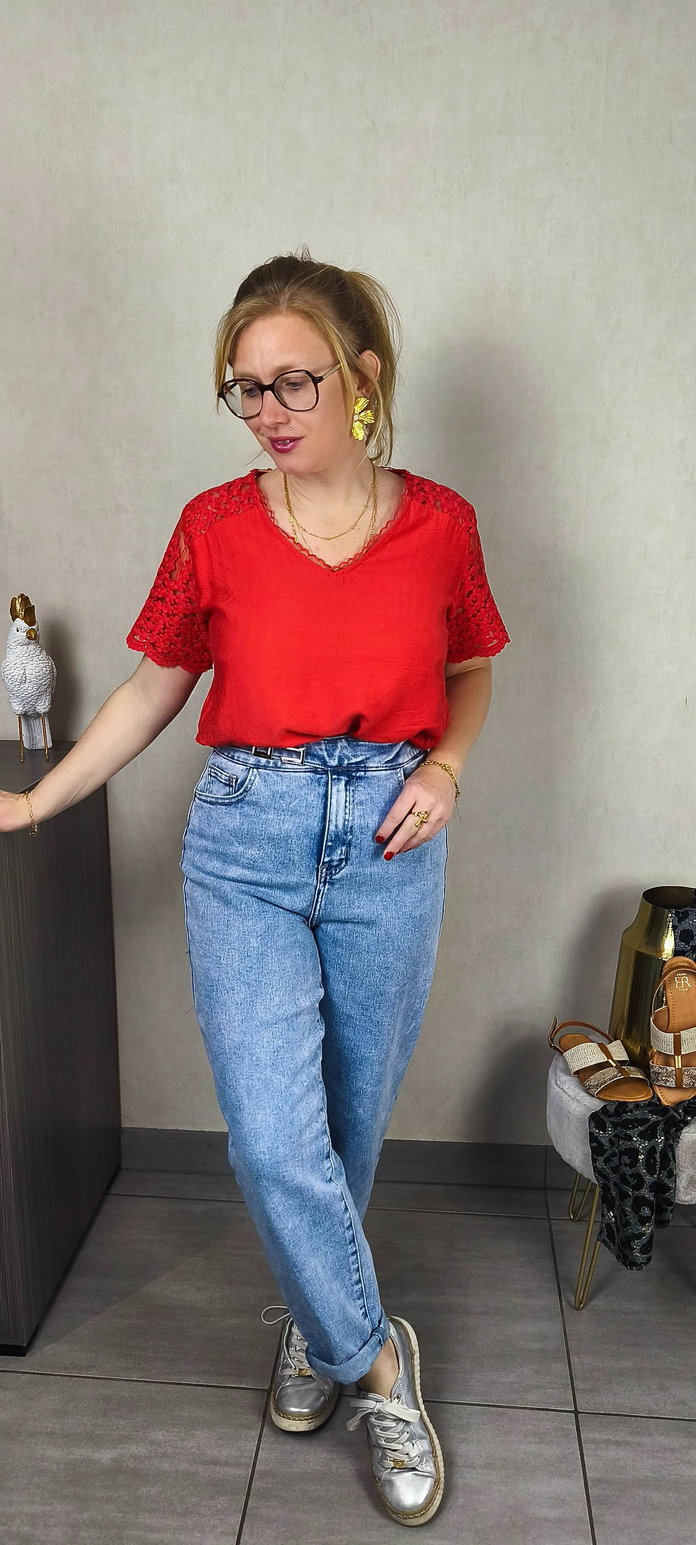 Top corail avec dentelle dos et manches, grande taille