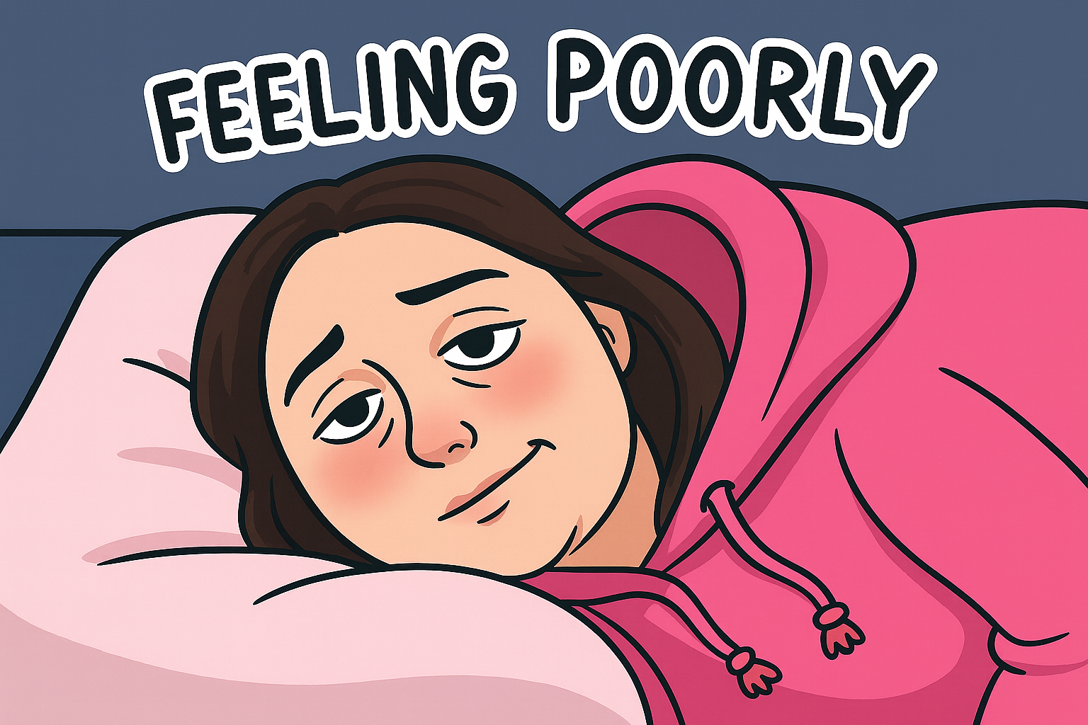 A cartoon-style illustration shows Leanne lying on her side in bed, resting her head on a soft pink pillow. She’s wearing a bright pink hoodie with drawstrings and looks fed up. "Feeling poorly" is written above her head.