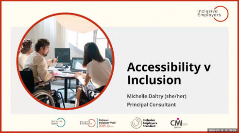 First slide of event showing the title of the Accessibility v Inclusion event. The image displayed in a circle shows a man in a wheelchair sitting next to a woman, both looking at a laptop working.