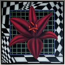 Analog Blooms Series by Christina Willis. Acrylic painting of a deep red lily with a green grid and black and white checkerboard patterns.