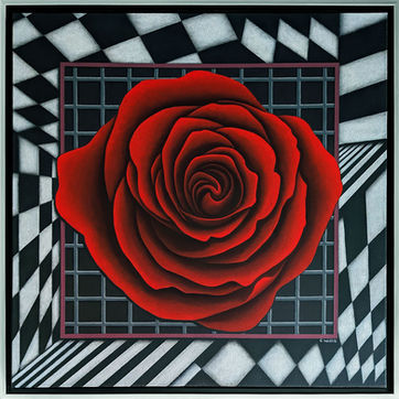 Analog Blooms Series by Christina Willis. Acrylic painting of a red rose against a background of black and white stripes and gray grid lines.