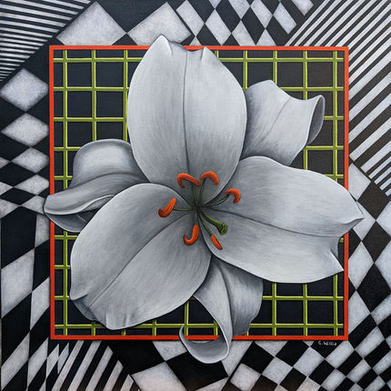 White Lily on Grid. Acrylic painting by Christina Willis, visual artist in Philadelphia.