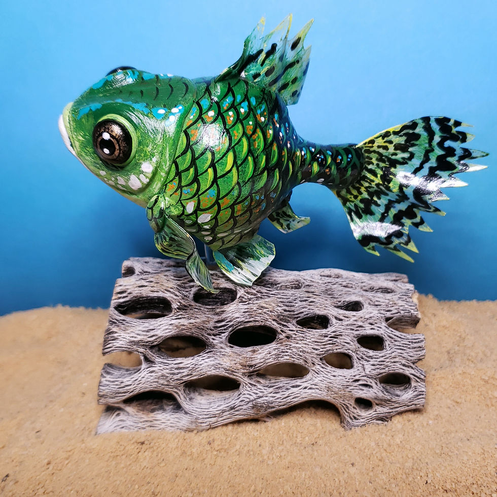 Thumbnail: Gourd fish sculpture #108- Green spotted fish