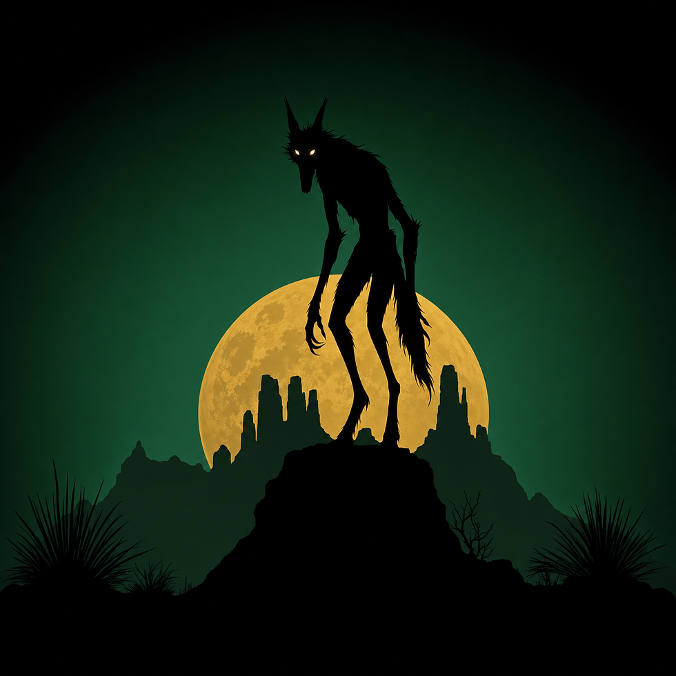 Silhouette of a tall, coyote-headed humanoid creature with glowing eyes standing on a desert rock formation at night, backlit by a large glowing moon with distant mesas