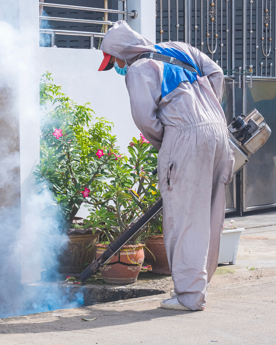 Pest control professional in protective suit spraying treatment near flowering plants in residential yard