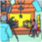 a hand drawn 90s style cartoon with bold colors and wobbly lines of a video production set