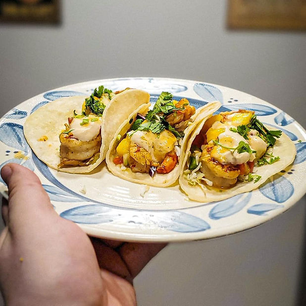 Spicy shrimp tacos with Brotaco Foods Pineapple Habanero Hot Sauce