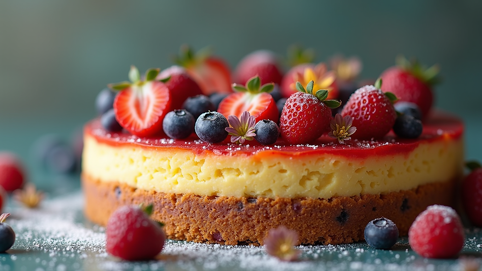 Eye-level view of a colorful vegan fruit cake decorated with fresh berries and edible flowers
