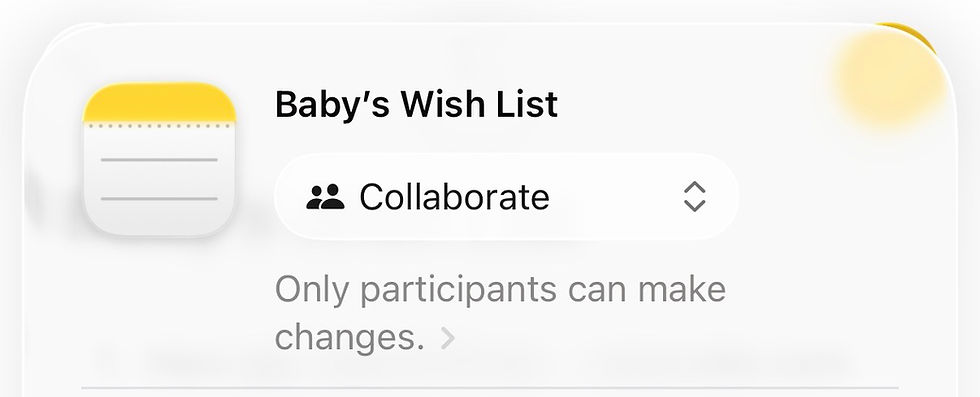 iPhone Notes app showing Baby's Wish List shared in Collaborate mode