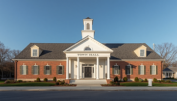 Professional, modern photograph of a small New England town hall exterior with classic whi