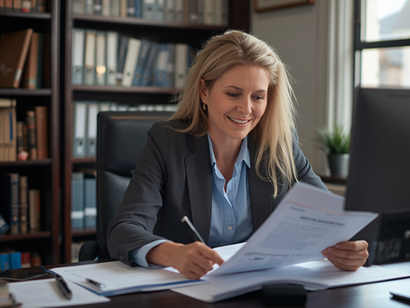Town administrator reviewing HR documents at a desk in a small municipal office, natural light, professional setting