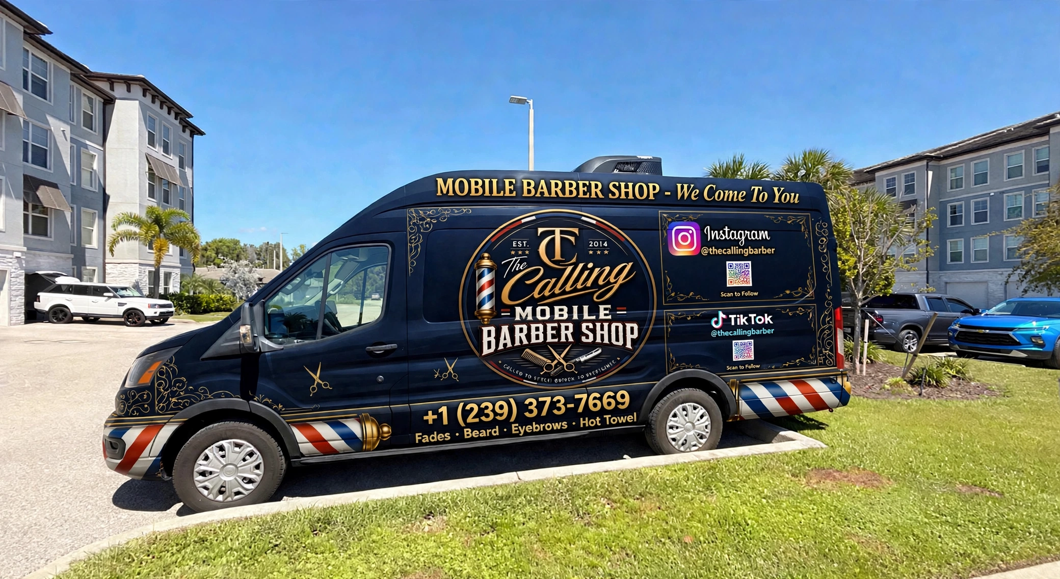 The Calling mobile barbershop van with its navy and gold branded wrap design