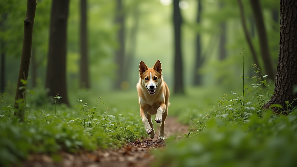 Wide angle view of a lush green forest with a dog running freely