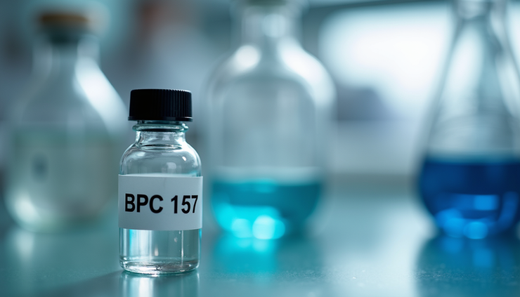 Close-up view of a vial containing BPC 157 peptide solution on a laboratory bench