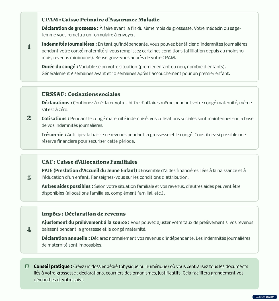 Visuel synthétique sur les démarches administratives liées à la grossesse quand on est indépendante.