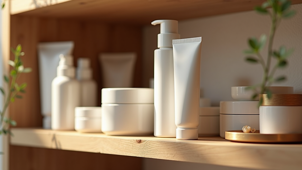 Eye-level view of a wooden shelf filled with natural skincare products