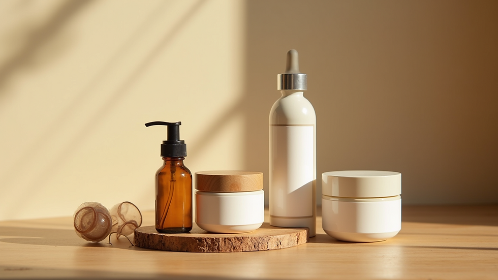 Close-up view of natural skincare products arranged on a wooden surface