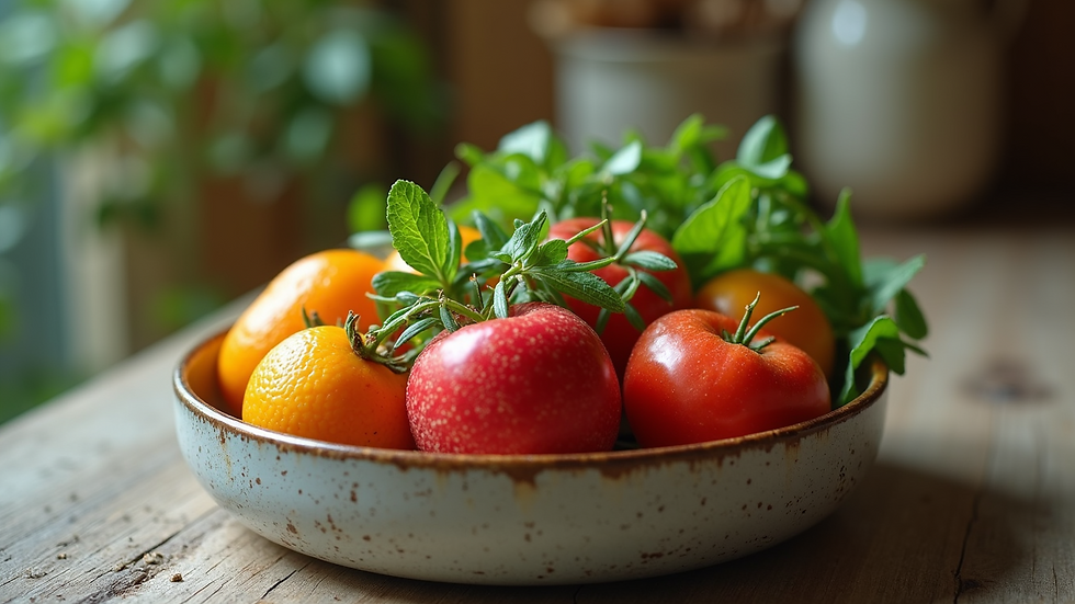 Eye-level view of a bowl filled with fresh fruits and herbs