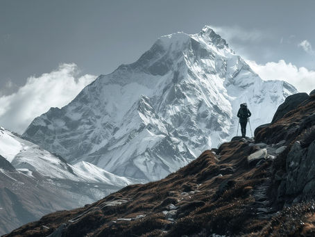 A lone skier mid journey through a mountain range.