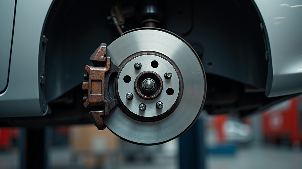 Eye-level view of mechanic inspecting car brake system