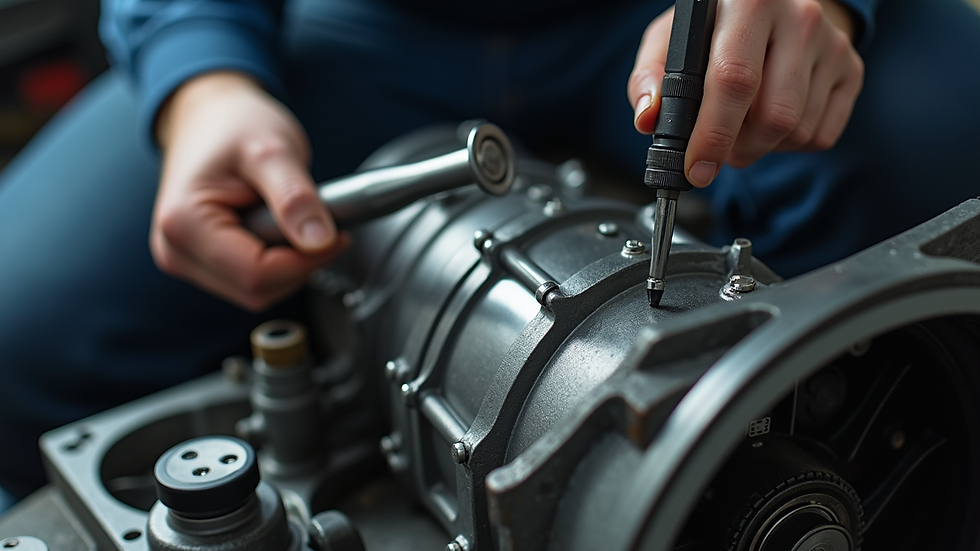 Close-up view of a mechanic working on a car transmission with specialized tools