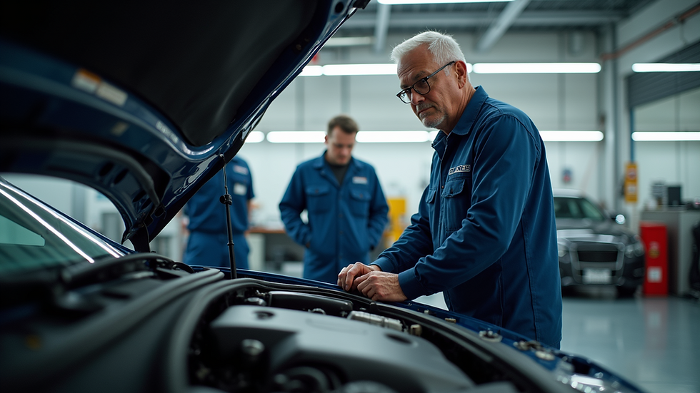 Eye-level view of a car mechanic inspecting an engine in a clean garage