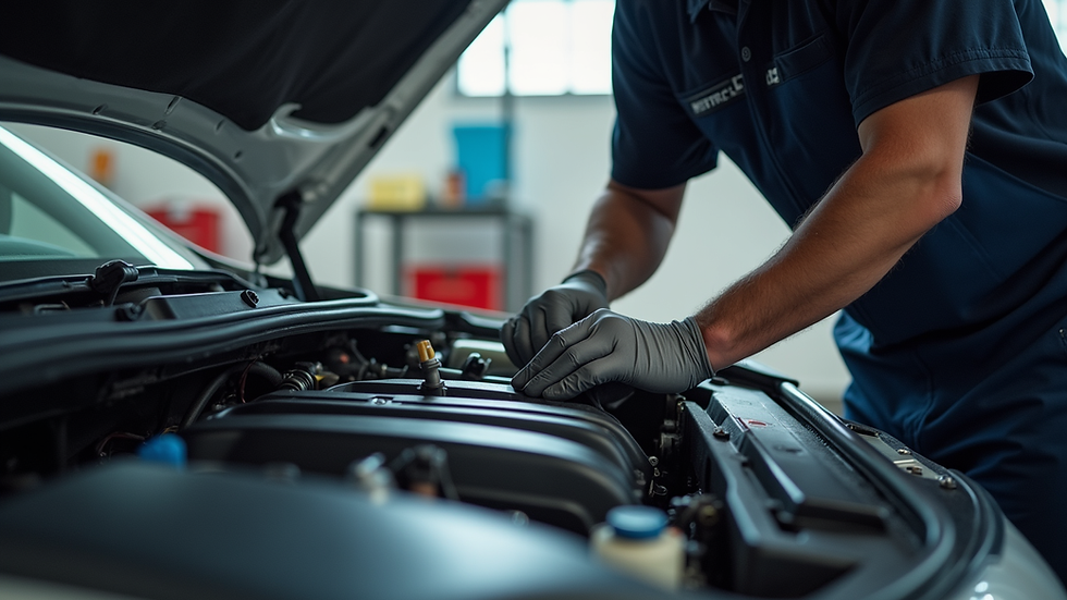 Eye-level view of a professional mechanic inspecting a car engine