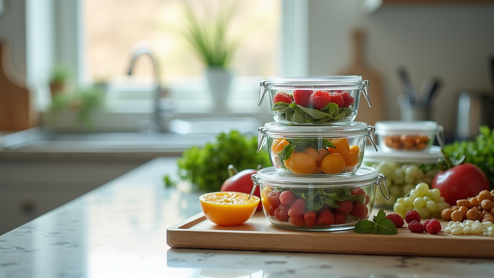 Close-up view of glass meal prep containers stacked neatly
