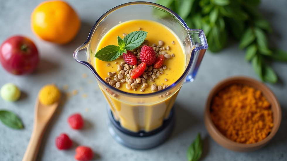 High angle view of a blender with fresh ingredients ready for a smoothie