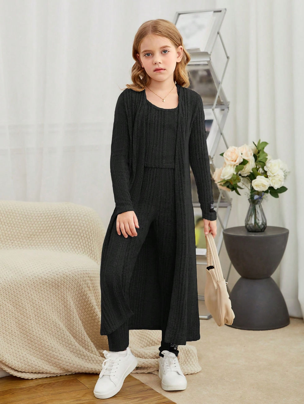 Thumbnail: Tween Girl Solid Cami Top & Open Front Coat & Leggings